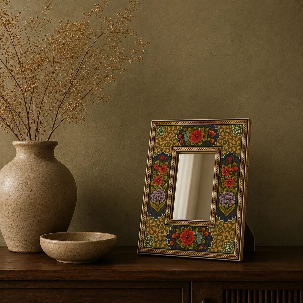 Turquoise Hatem Mirror with Red Flowers, Medium